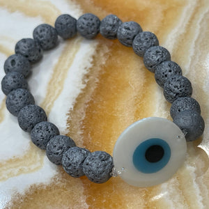 Evil Eye Mother of Pearl and Silver Lava 8mm Bead Stackable Stretch Bracelet