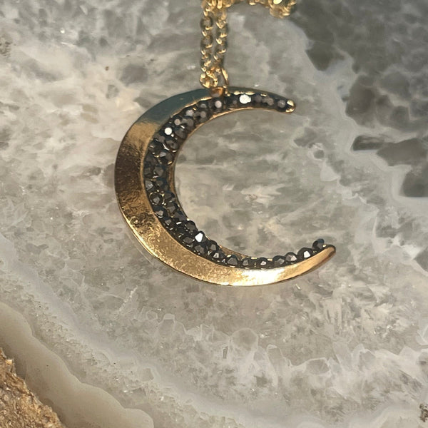 Crescent Moon Gold Finish Crystal Inlaid Pendant Necklace