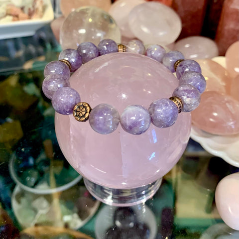 Lepidolite 12mm Beads with Flower Bead Accent Stretch Bracelet