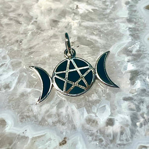 Triple Moon with Onyx inlay.925 Sterling Silver Pendant