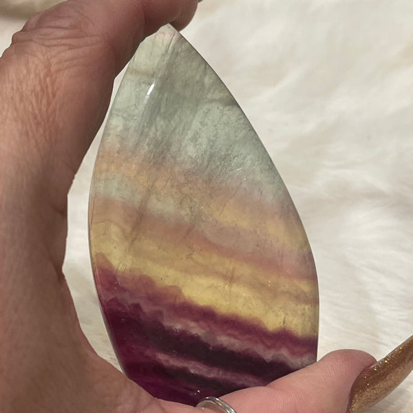 Rainbow Fluorite Cut Base Smooth Flame Carving