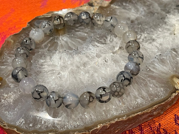 Black Crackle Agate (Spider Web Agate) Round Stackable Bracelet