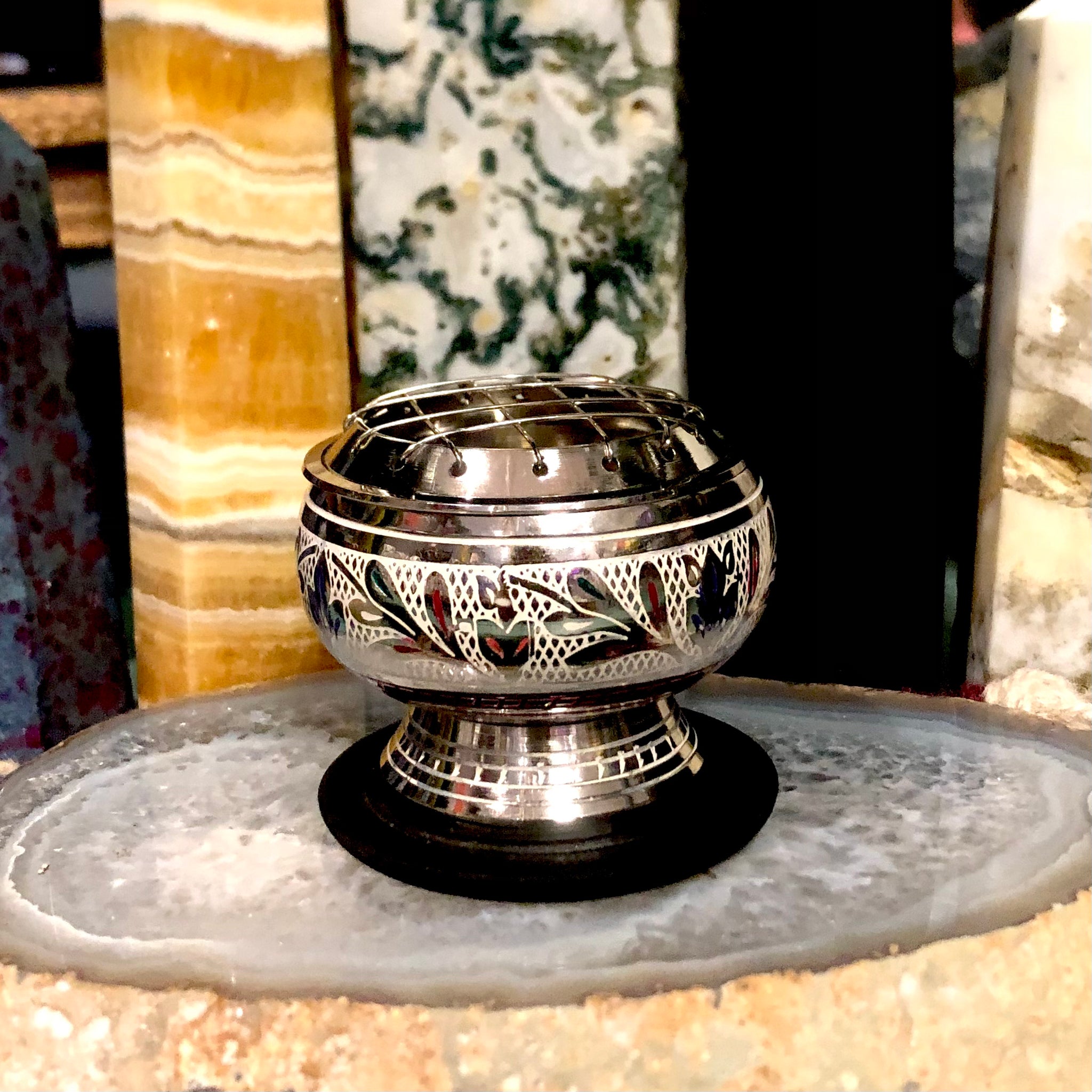 Silver Floral Engraved Incense Burner with Wood Plate