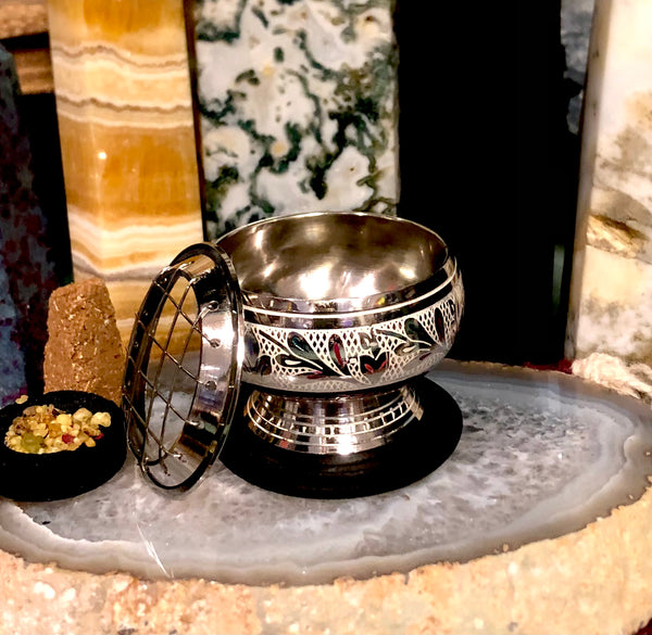 Silver Floral Engraved Incense Burner with Wood Plate