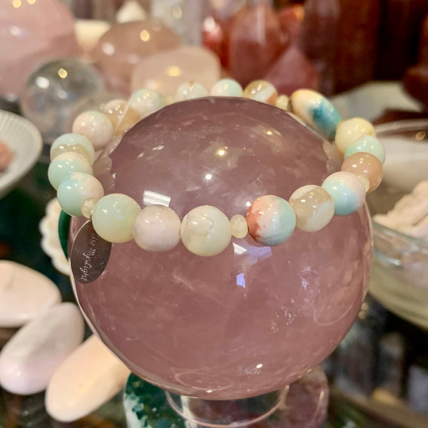 Green Flower Agate, Amazonite and Prehnite Stretch Bracelet