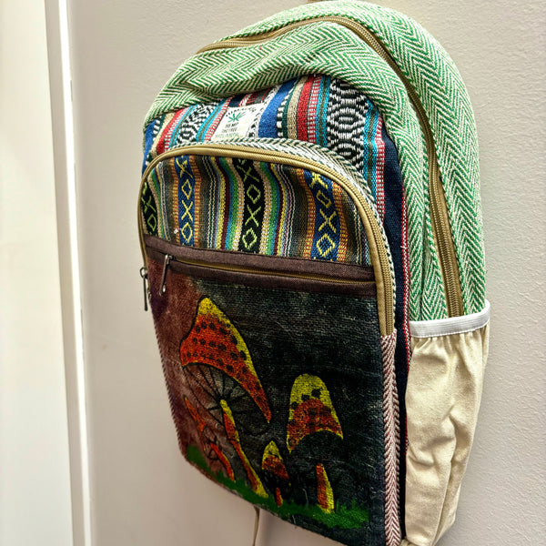Mushroom Designed Embroidered Hemp Backpack