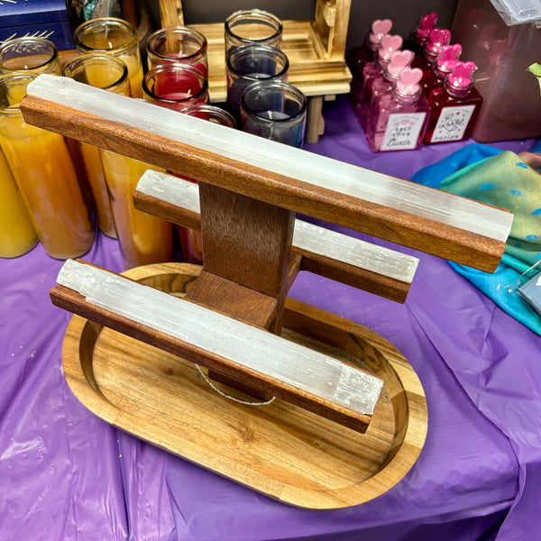 Triple Jewelry Stand Big Base | Wood & Selenite