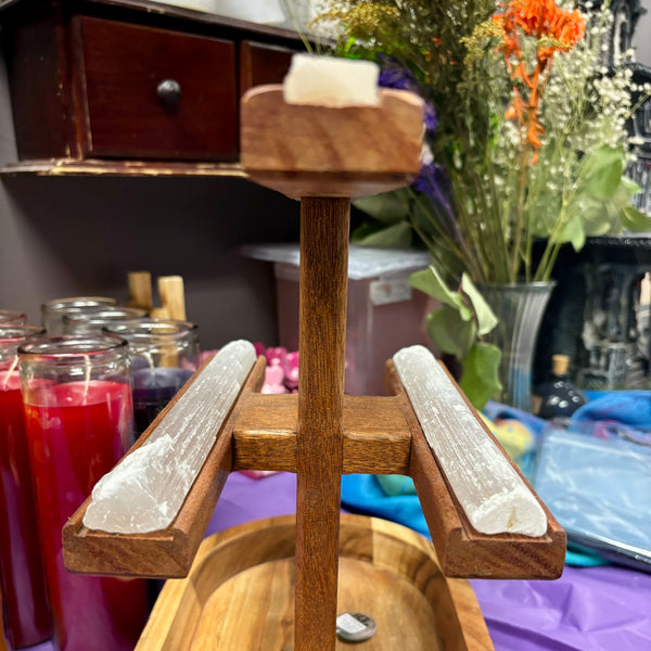 Triple Jewelry Stand Big Base | Wood & Selenite