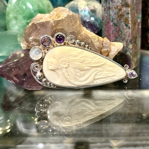 Sterling Silver Amethyst, Moonstone, and Ivory Vintage Sajen Goddess Carved Brooch / Pendant