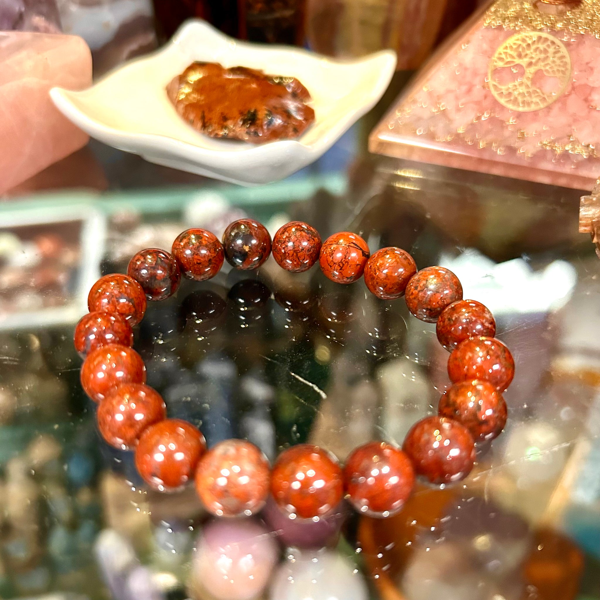 Red Brecciated  Jasper Round Bead Stretch Bracelet