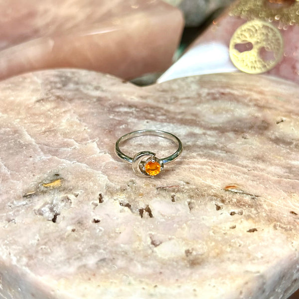 Mexican Fire Opal Sterling Silver Crescent Moon Ring | Size 6