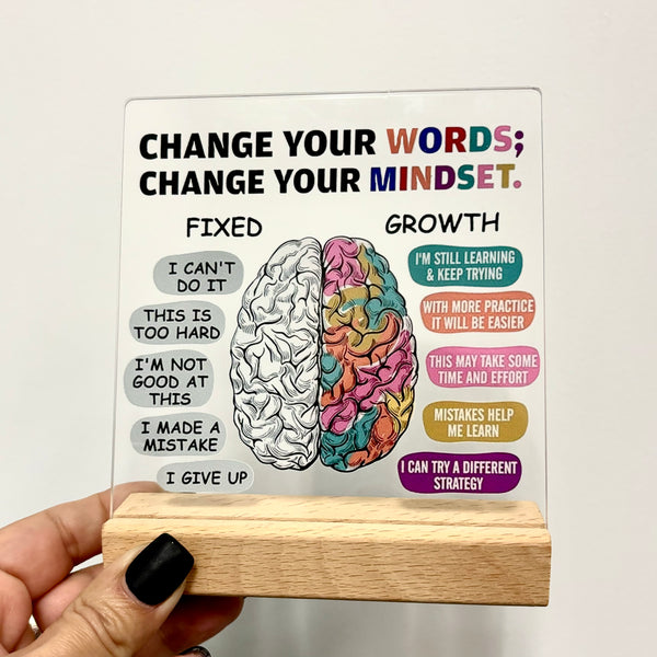 Change Your Words; Change Your Mindset | Lucite Plaque on Wood Stand