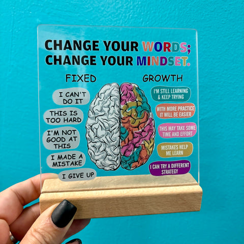 Change Your Words; Change Your Mindset | Lucite Plaque on Wood Stand