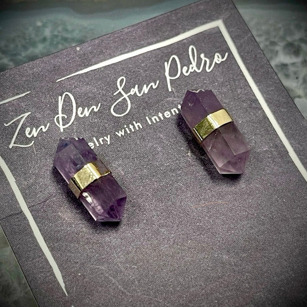 Amethyst Double Terminated Gold Finish Earrings