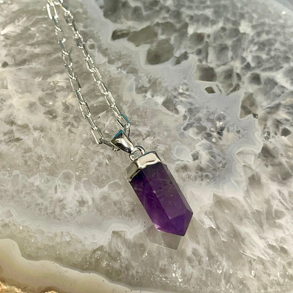 Amethyst Dagger Style Terminated Pendant on Silver Electroform