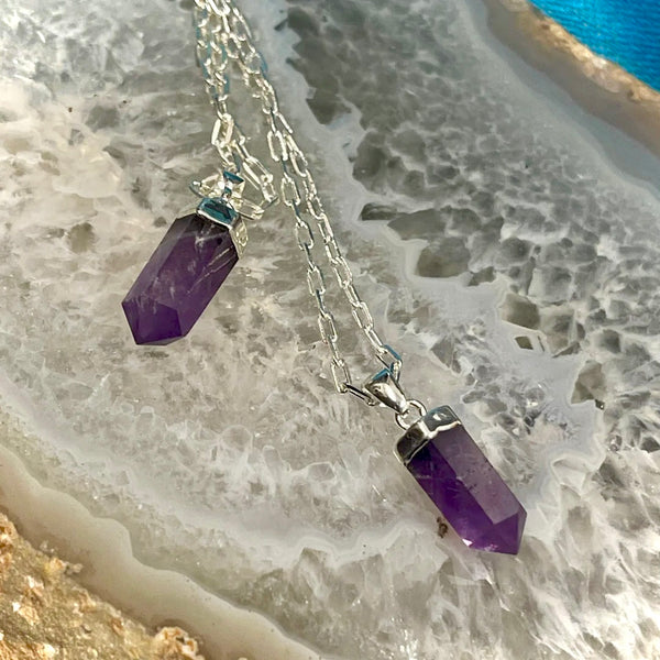 Amethyst Dagger Style Terminated Pendant on Silver Electroform