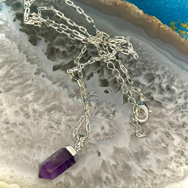 Amethyst Dagger Style Terminated Pendant on Silver Electroform