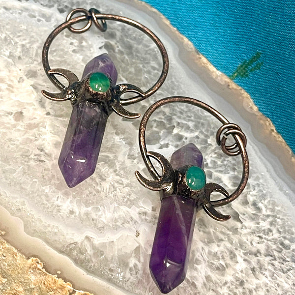 Amethyst & Green Quartz Copper Patina Electroform Triple Moon Pendant