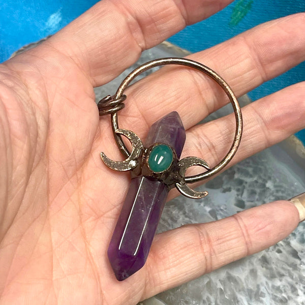 Amethyst & Green Quartz Copper Patina Electroform Triple Moon Pendant