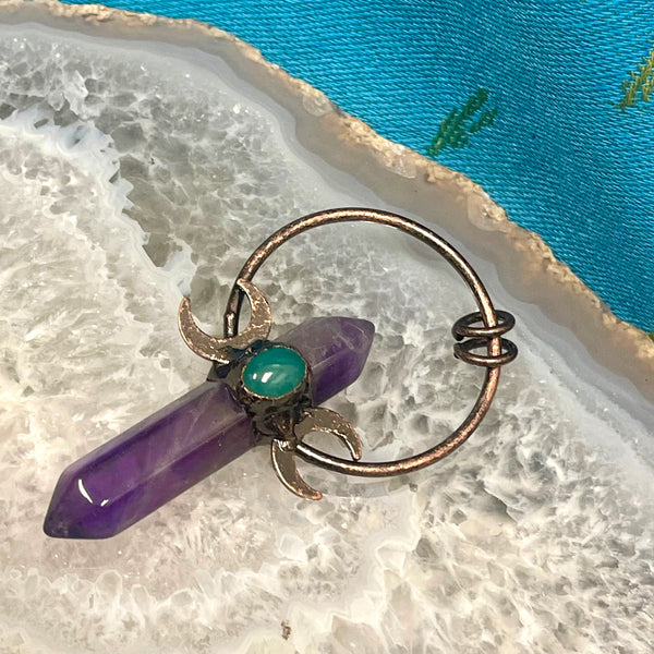 Amethyst & Green Quartz Copper Patina Electroform Triple Moon Pendant