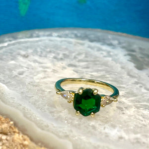 Green Quartz Faceted Hexagon Stone and CZ Gold Finish Ring