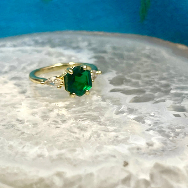 Green Quartz Faceted Hexagon Stone and CZ Gold Finish Ring