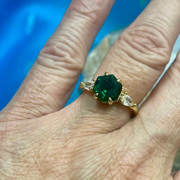 Green Quartz Faceted Hexagon Stone and CZ Gold Finish Ring