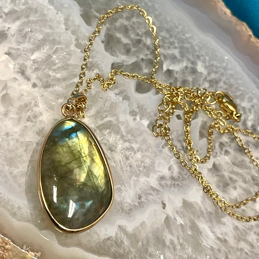 Labradorite Freeform Pendant Gold Finish Necklace