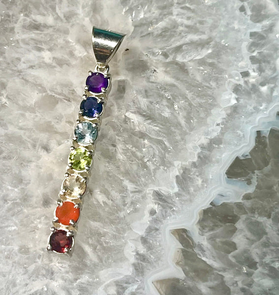 Chakra Seven Faceted Stone Sterling Silver Pendant Necklace