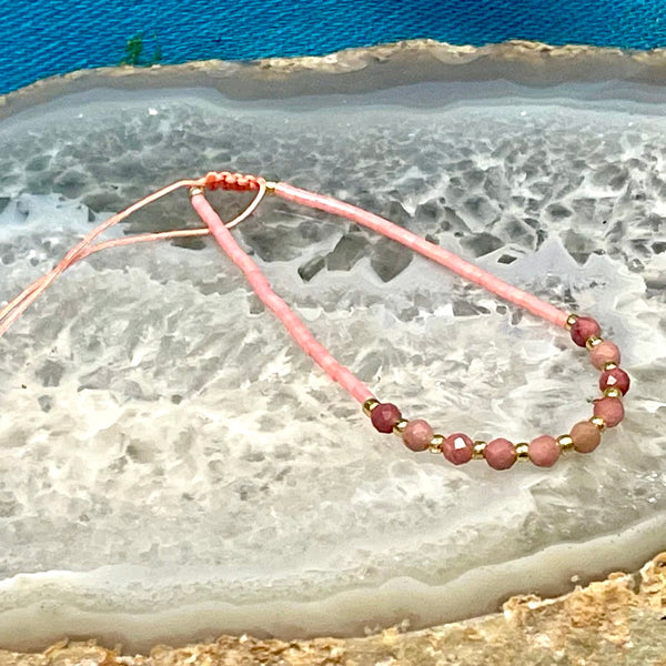 Rhodonite Micro Faceted Macrame Closure Adjustable Bracelet