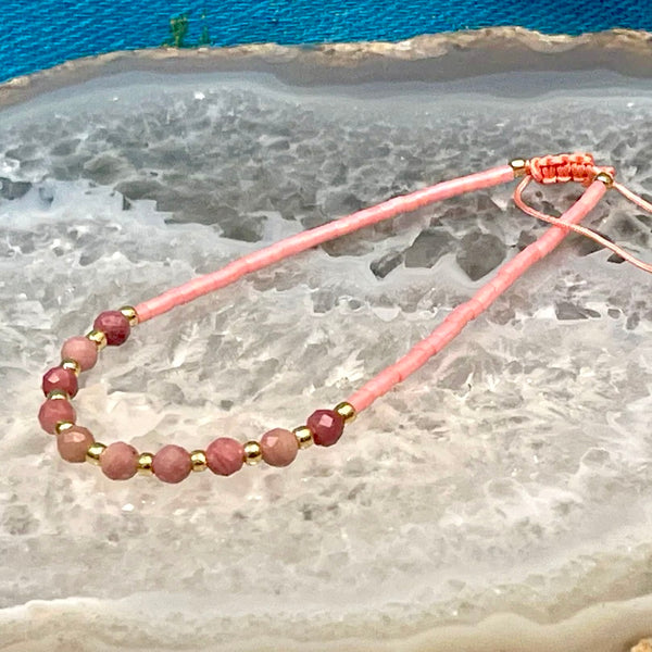 Rhodonite Micro Faceted Macrame Closure Adjustable Bracelet