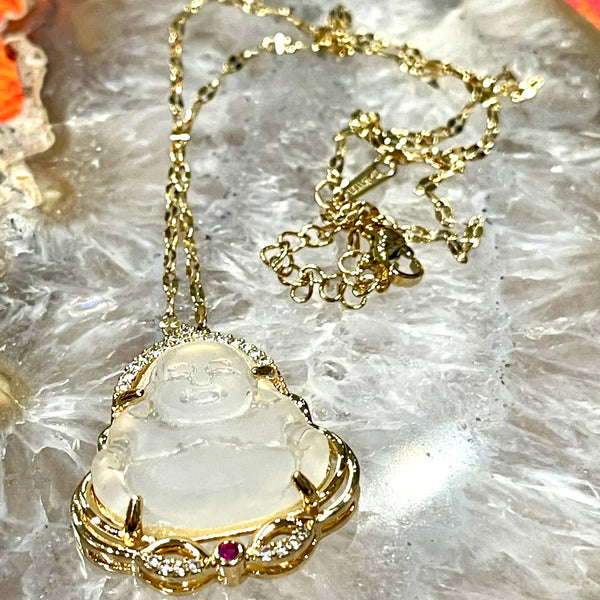 Quartz Crystal Buddha Gold Finish Pendant Necklace