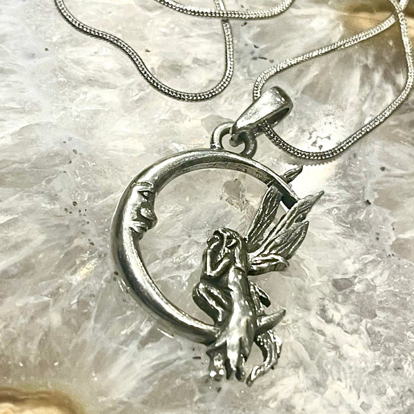 Pewter Fairy on the Moon Pendant on 22” Necklace