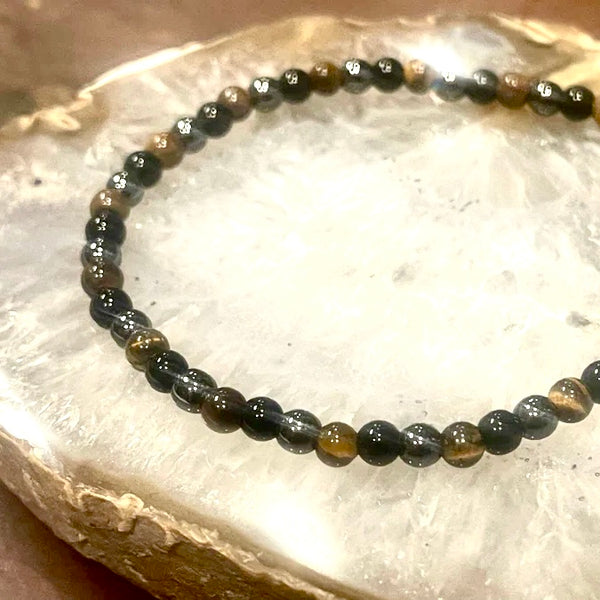 Protection Stretch Bracelet in 4mm Hematite, Tiger Eye, and Obsidian Beads