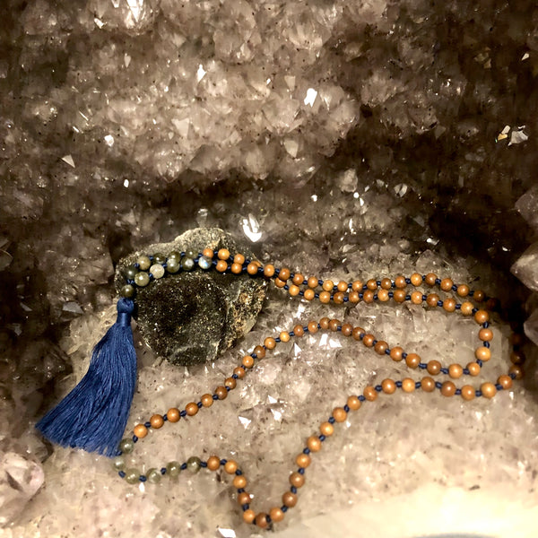 Labradorite and Sandalwood 108 Bead Mala Necklace