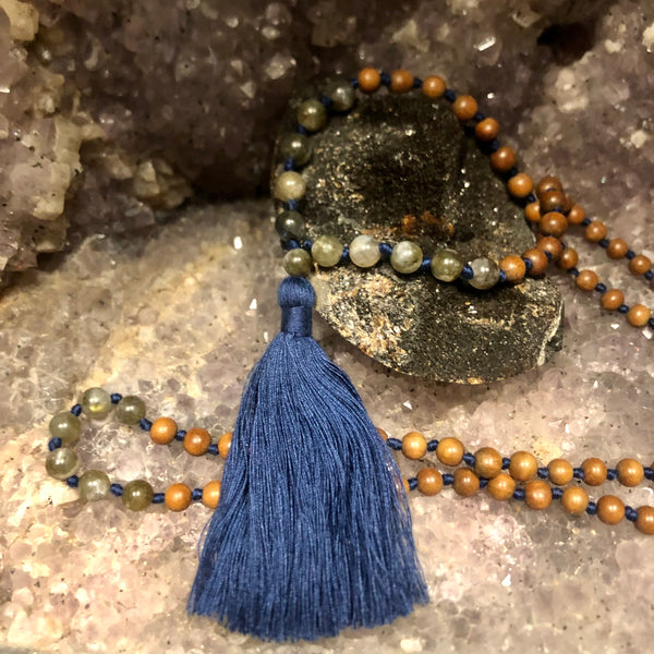 Labradorite and Sandalwood 108 Bead Mala Necklace