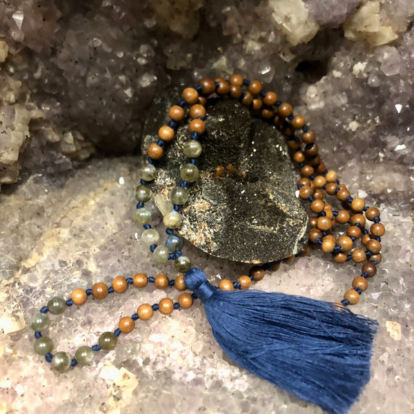 Labradorite and Sandalwood 108 Bead Mala Necklace