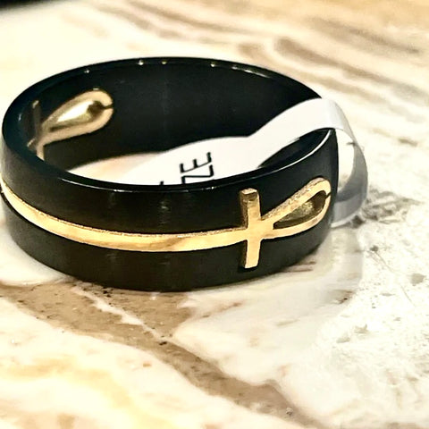 Ankh Inlaid Removable Two Tone Stainless Steel Band Ring
