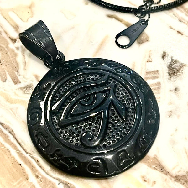 Eye of Horus Black Finish Stainless Steel Round Pendant Necklace 18 inches
