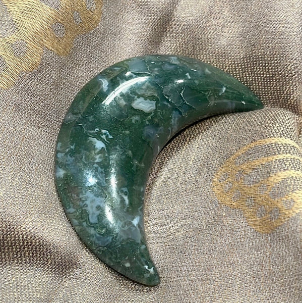 Crescent Moon Moss Agate Carving | 3 inch