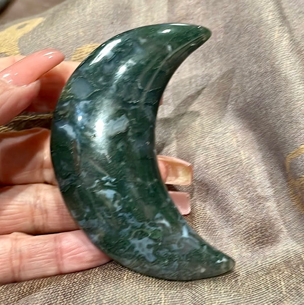 Crescent Moon Moss Agate Carving | 3 inch