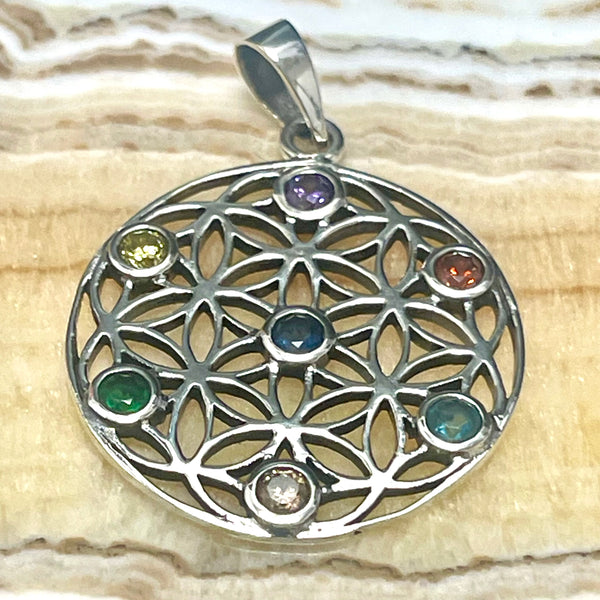 Flower of Life CZ Seven Stone .925 Sterling Silver Pendant