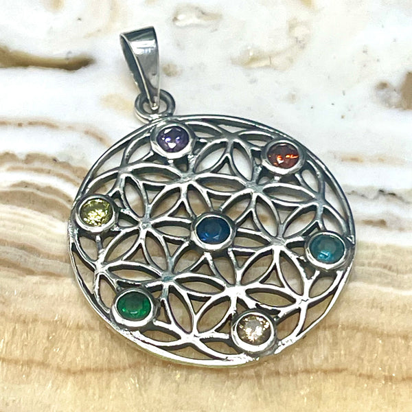 Flower of Life CZ Seven Stone .925 Sterling Silver Pendant