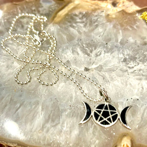 Black Enamel Triple Moon Sterling Silver Pendant Necklace