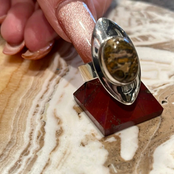 Sterling Silver Leopard Jasper Vintage Open Shank Ring by Sajen