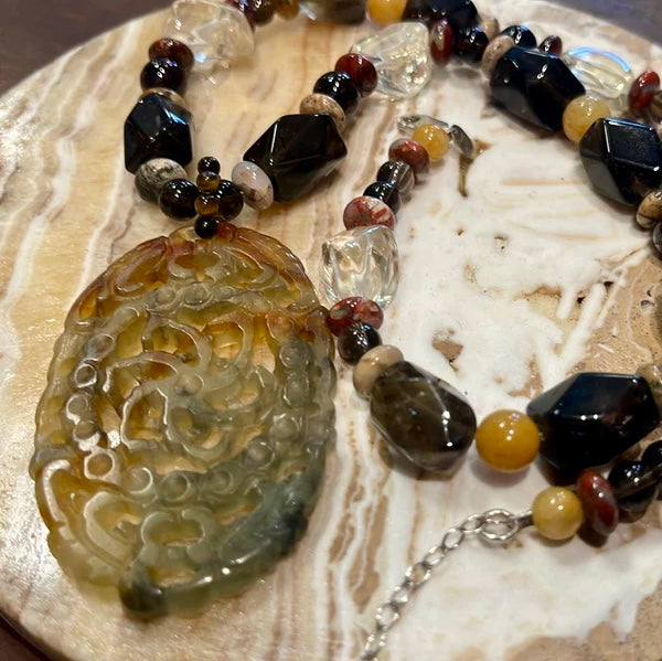 Sterling Silver Tiger Eye, Quartz, Jasper & Agate Carved Pendant Vintage Necklace by Sajen