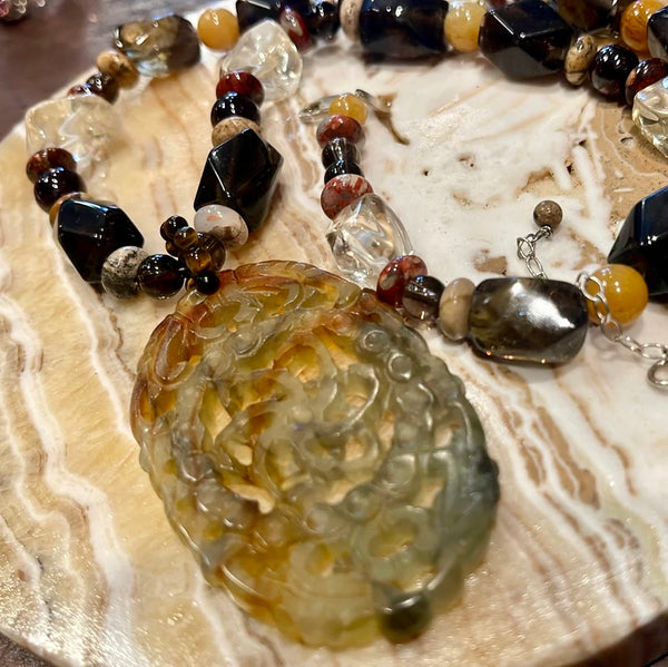 Sterling Silver Tiger Eye, Quartz, Jasper & Agate Carved Pendant Vintage Necklace by Sajen
