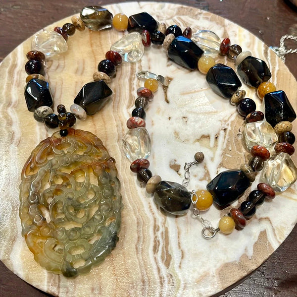 Sterling Silver Tiger Eye, Quartz, Jasper & Agate Carved Pendant Vintage Necklace by Sajen
