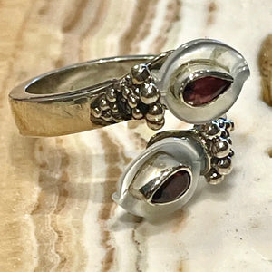 Sterling Silver with Mother of Pearl & African Garnet Calla Lily Flower Bypass Ring by Sajen