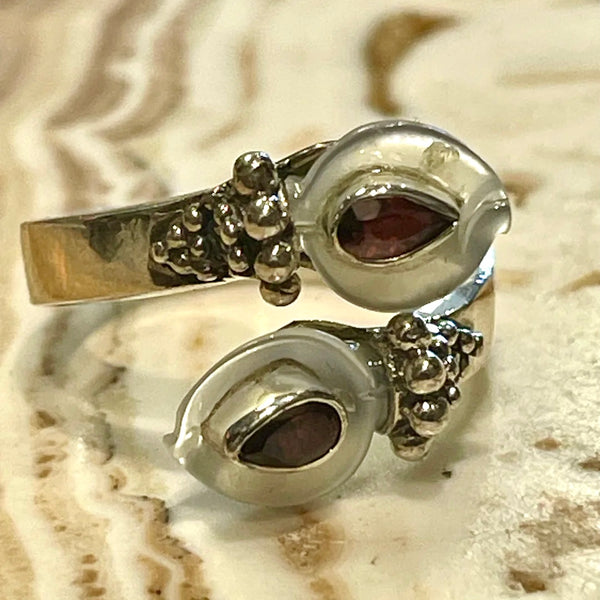 Sterling Silver with Mother of Pearl & African Garnet Calla Lily Flower Bypass Ring by Sajen
